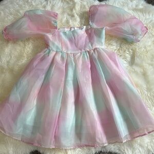 Women Mini Rainbow Colorful Princess Fairy Dress Square Collar Puff Sleeve